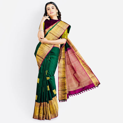 Green color Pure Silk Kanjivaram Saree With Motifs Pattern | SILK MARK CERTIFIED