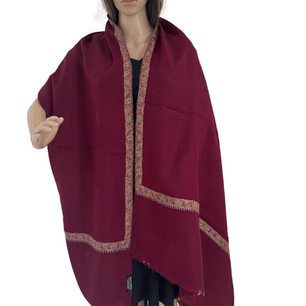 Handmade Wool Shawl | Maroon Kashmiri Embroidery, Soft Scarf