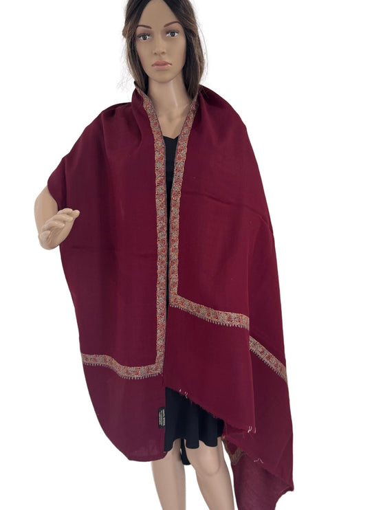 Handmade Wool Shawl | Maroon Kashmiri Embroidery, Soft Scarf
