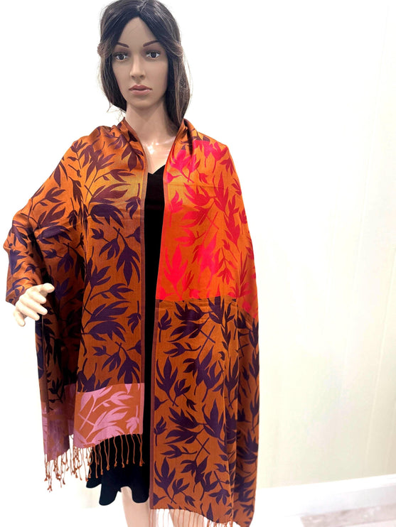 Pure Silk Scarf, Brown Floral Shawl Wrap, All Season Stole