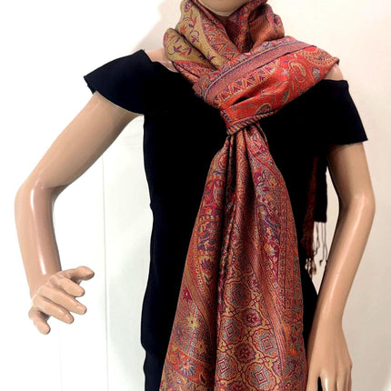 Pure Silk Scarf, Luxurious Orange Brown Teal Shawl, 72x27