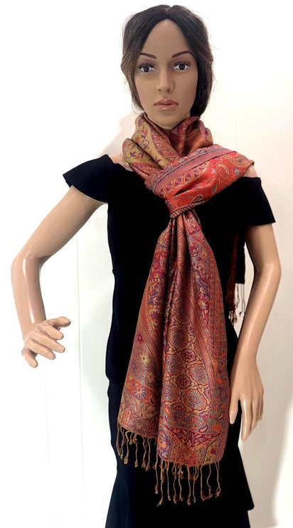 Pure Silk Scarf, Luxurious Orange Brown Teal Shawl, 72x27