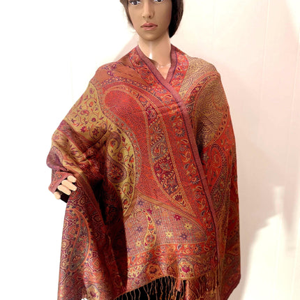 Pure Silk Scarf, Luxurious Orange Brown Teal Shawl, 72x27