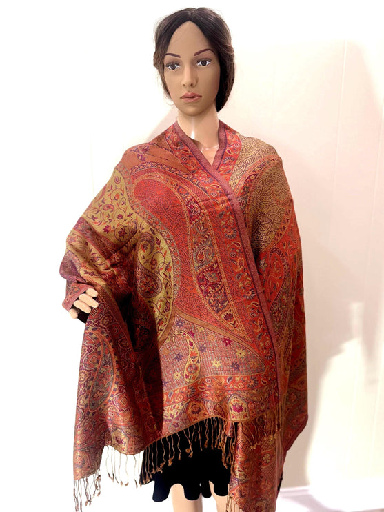 Pure Silk Scarf, Luxurious Orange Brown Teal Shawl, 72x27