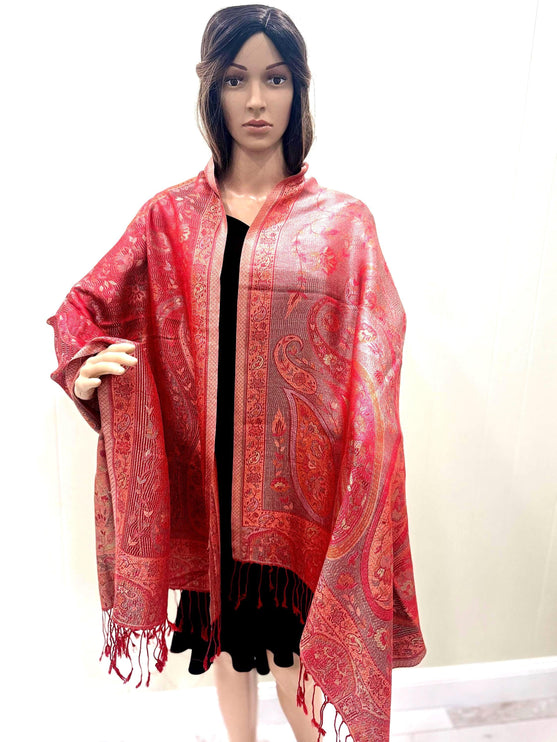 Pure Silk Scarf, Long Red Orange Art Shawl, Luxurious Fabric