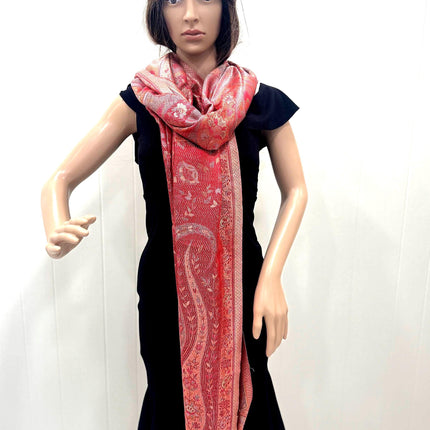 Pure Silk Scarf, Long Red Orange Art Shawl, Luxurious Fabric