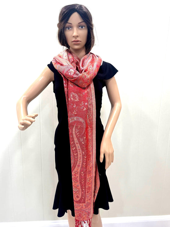 Pure Silk Scarf, Long Red Orange Art Shawl, Luxurious Fabric