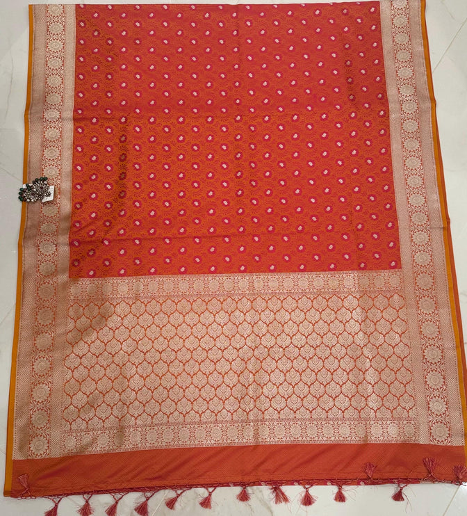 Banarasi Mashroo Silk Light Orange/Pink Saree with Tanchui pattern