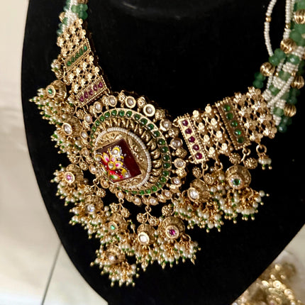 Antique Kundan Necklace Set | Green Beads, Pearls & Ruby, Wedding Collection