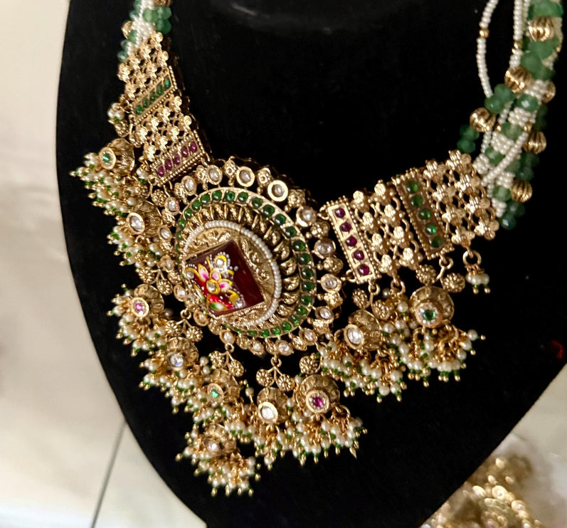Antique Kundan Necklace Set | Green Beads, Pearls & Ruby, Wedding Collection