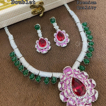 Ruby Green Doublet Necklace Set | Silver Inspired Bridal Jewelry