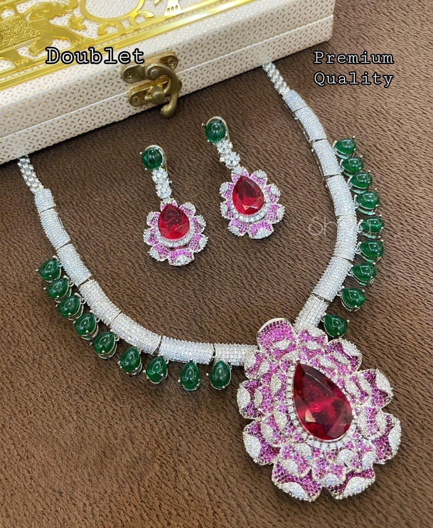 Ruby Green Doublet Necklace Set | Silver Inspired Bridal Jewelry