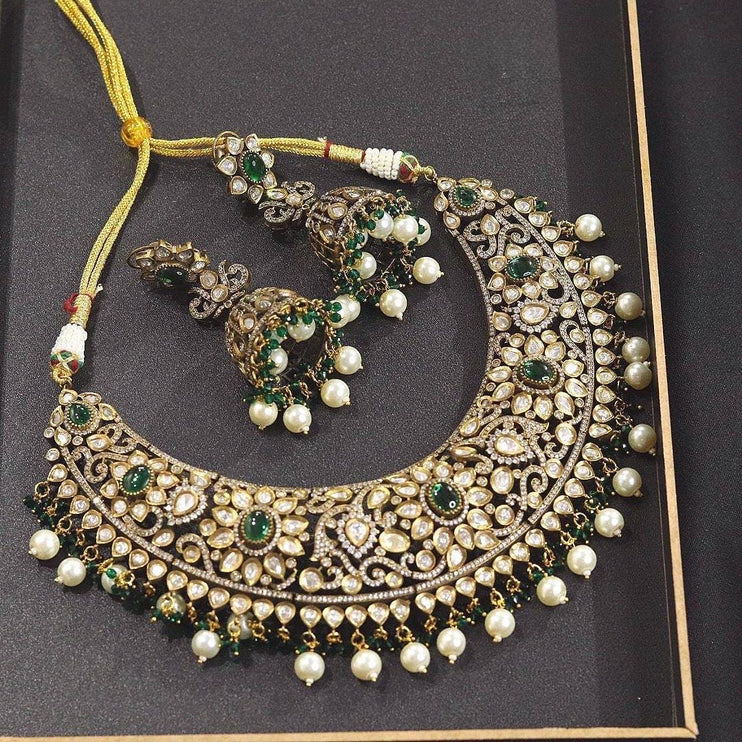Kundan Emerald Necklace Set - Indian Bridal Jewelry