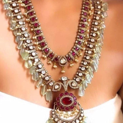 Royal Kundan Necklace Set - Ruby, Diamond, and Mint Bead Bridal Jewelry