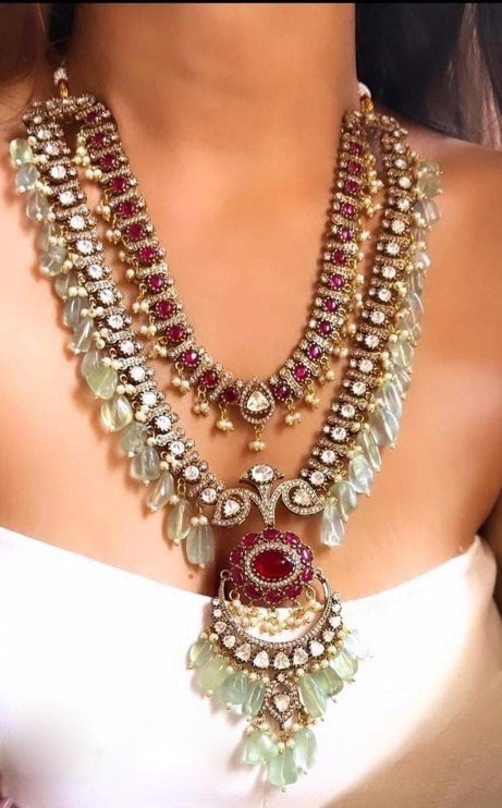Royal Kundan Necklace Set - Ruby, Diamond, and Mint Bead Bridal Jewelry