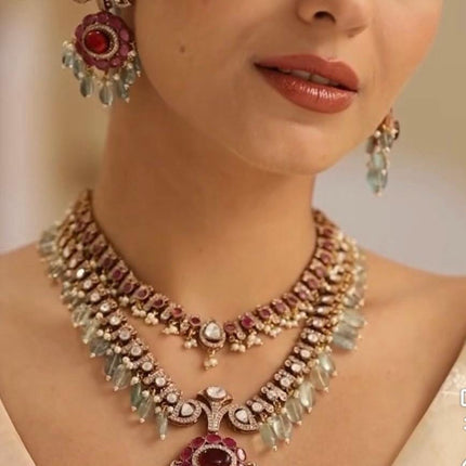 Royal Kundan Necklace Set - Ruby, Diamond, and Mint Bead Bridal Jewelry