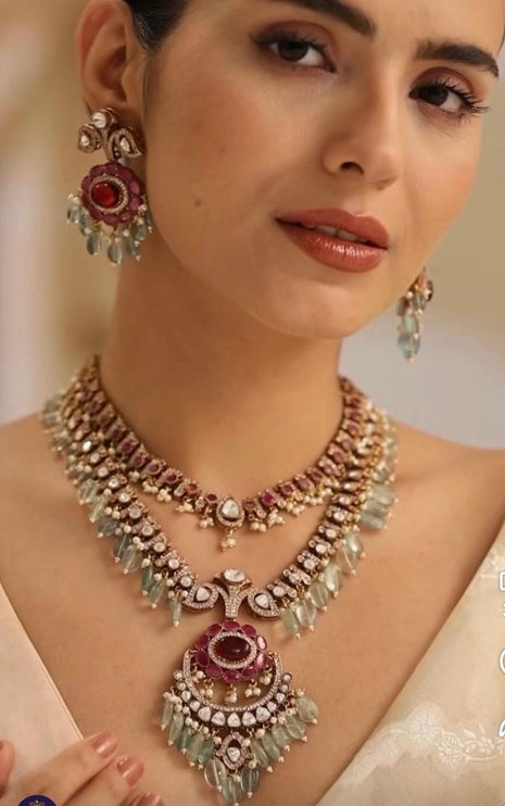 Royal Kundan Necklace Set - Ruby, Diamond, and Mint Bead Bridal Jewelry