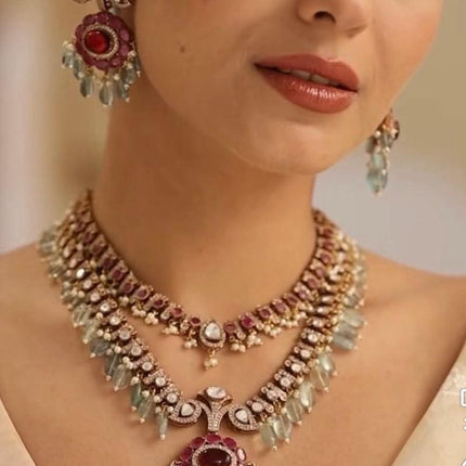 Royal Kundan Necklace Set - Ruby, Diamond, and Mint Bead Bridal Jewelry