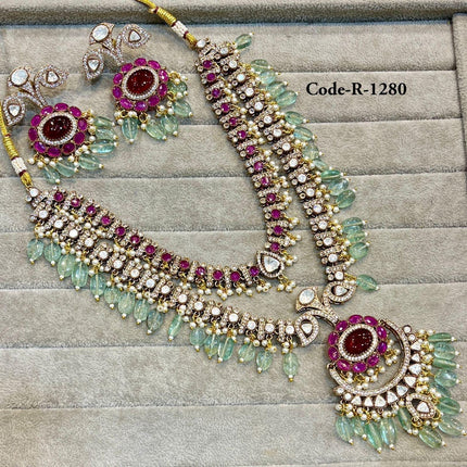 Royal Kundan Necklace Set - Ruby, Diamond, and Mint Bead Bridal Jewelry