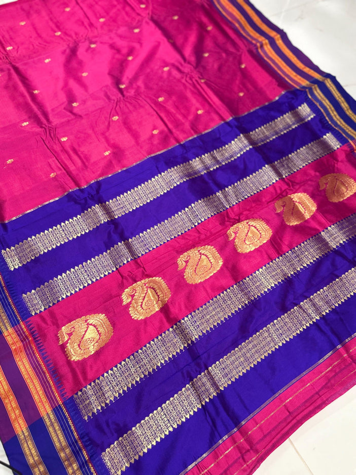 Magenta Pink Narayan Peth Silk Saree | Purple Border, Rich Pallu