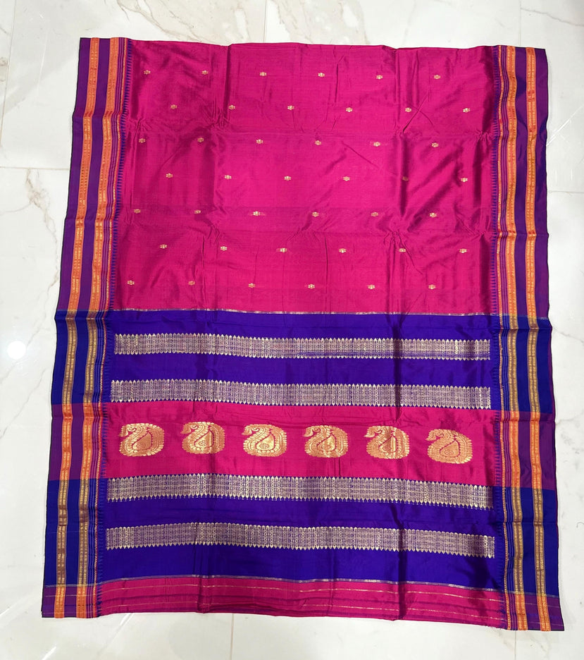 Magenta Pink Narayan Peth Silk Saree | Purple Border, Rich Pallu