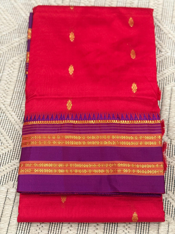 Yeola Narayan Peth Silk Saree | Red with Purple Border, Hand Pico Tassels