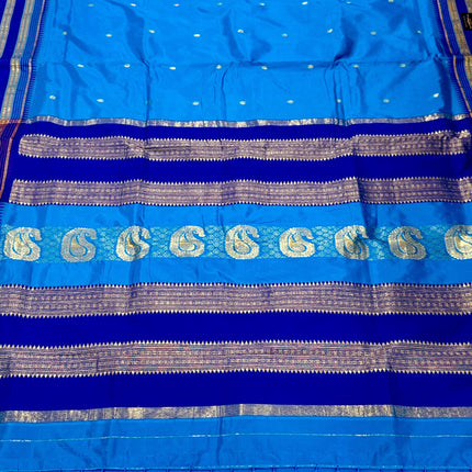 Narayan Peth Silk Saree | Light Blue, Dark Blue Border & Pico Tassels