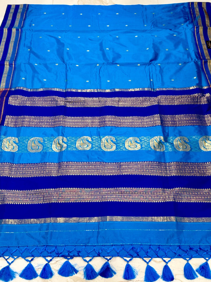 Narayan Peth Silk Saree | Light Blue, Dark Blue Border & Pico Tassels