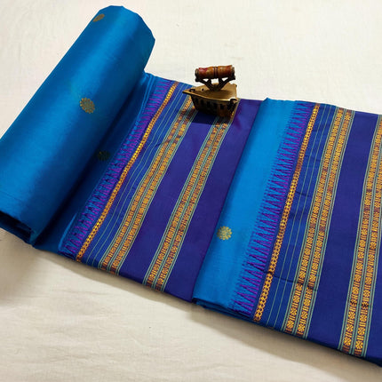 Narayan Peth Silk Saree | Light Blue, Dark Blue Border & Pico Tassels