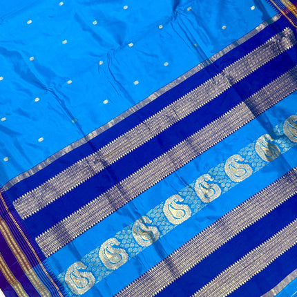 Narayan Peth Silk Saree | Light Blue, Dark Blue Border & Pico Tassels
