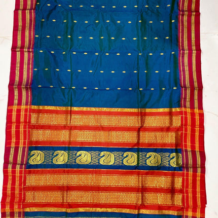 Peacock Blue Narayan Peth Silk Saree | Rust Border, Tassels