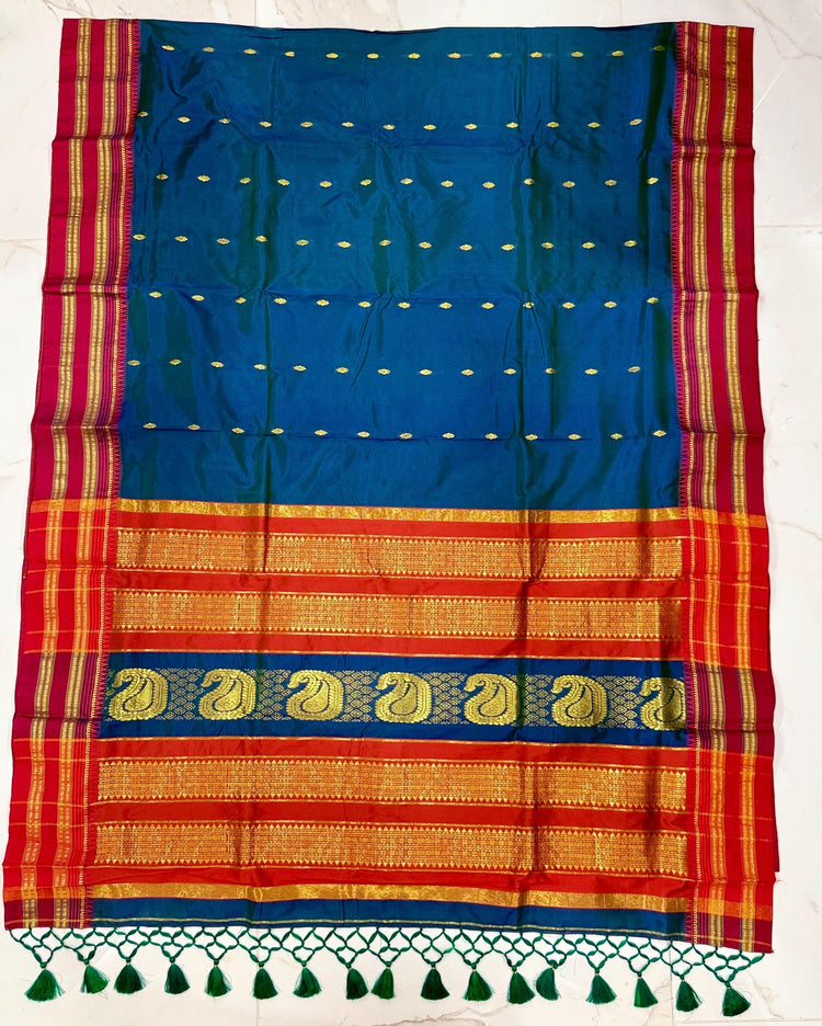 Peacock Blue Narayan Peth Silk Saree | Rust Border, Tassels