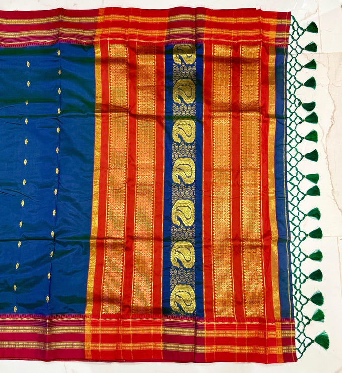 Peacock Blue Narayan Peth Silk Saree | Rust Border, Tassels