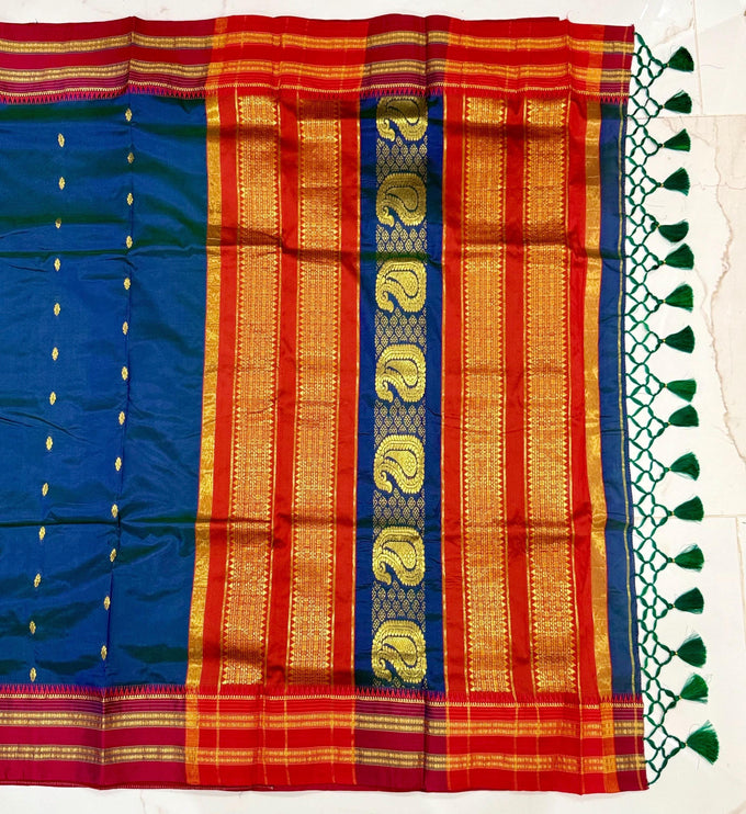 Peacock Blue Narayan Peth Silk Saree | Rust Border, Tassels