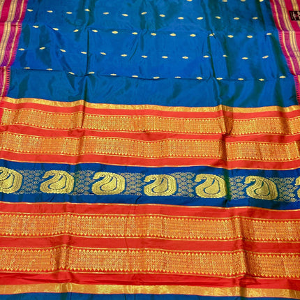 Peacock Blue Narayan Peth Silk Saree | Rust Border, Tassels