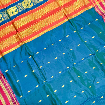 Peacock Blue Narayan Peth Silk Saree | Rust Border, Tassels