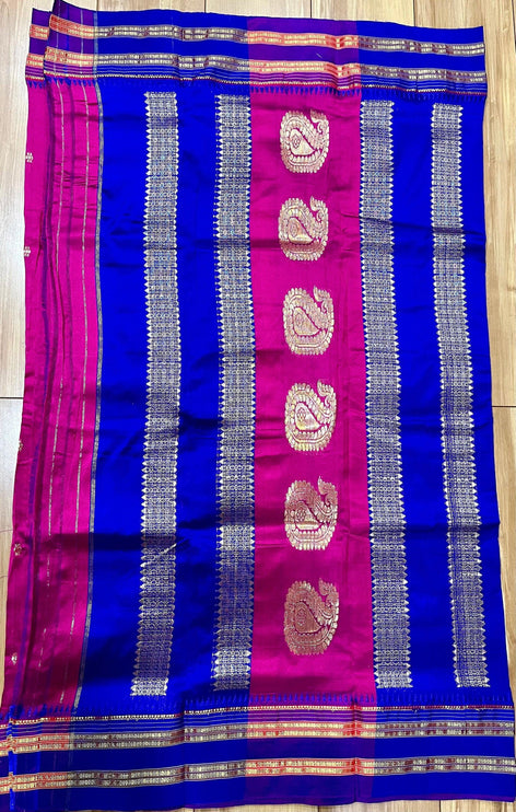 Pure Silk Narayan Peth Saree | Rani Pink, Dark Purple Border (Unstitched Blouse)