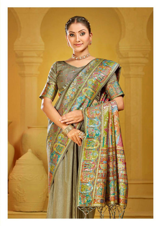 Kashmiri Kani Silk Saree | Luxury Cotton Silk | Volume - Shahi Palla | Fine Embroidered | Party Wear