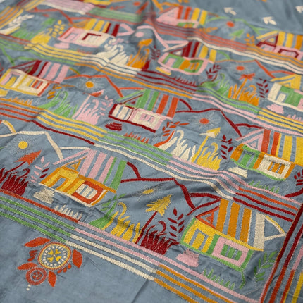 Hand Stitched Kantha Silk Saree | Multi Thread Kantha stitching | Village Art Work allover |