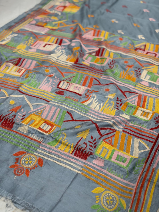 Hand Stitched Kantha Silk Saree | Multi Thread Kantha stitching | Village Art Work allover |