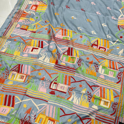 Hand Stitched Kantha Silk Saree | Multi Thread Kantha stitching | Village Art Work allover |