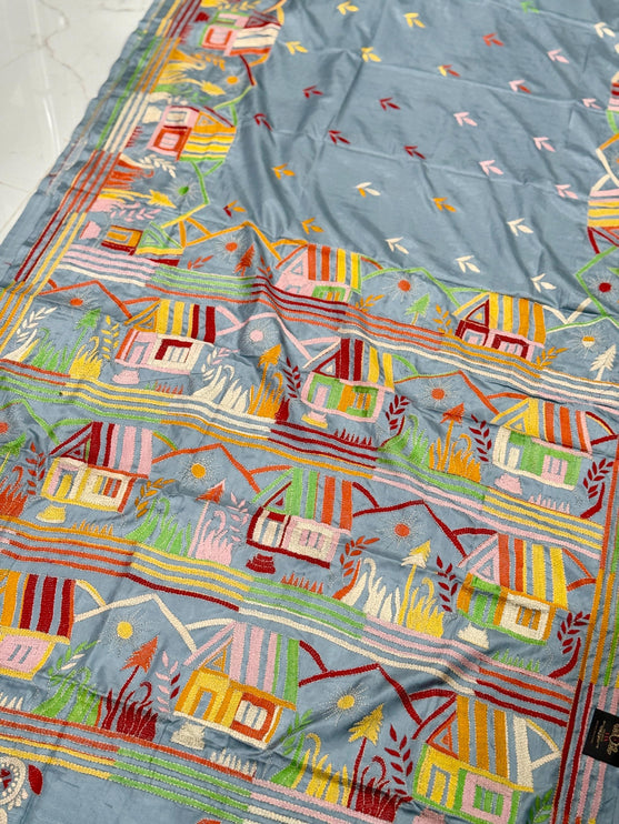 Hand Stitched Kantha Silk Saree | Multi Thread Kantha stitching | Village Art Work allover |
