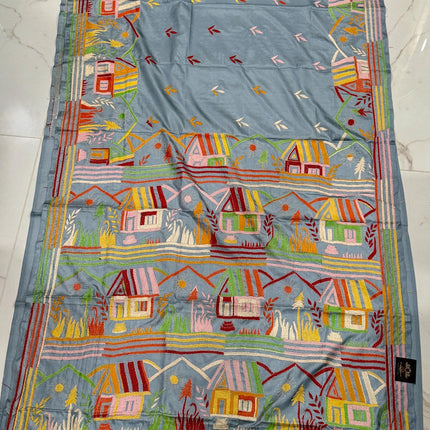 Hand Stitched Kantha Silk Saree | Multi Thread Kantha stitching | Village Art Work allover |