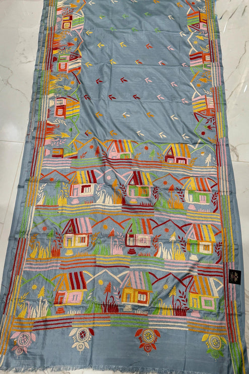 Hand Stitched Kantha Silk Saree | Multi Thread Kantha stitching | Village Art Work allover |