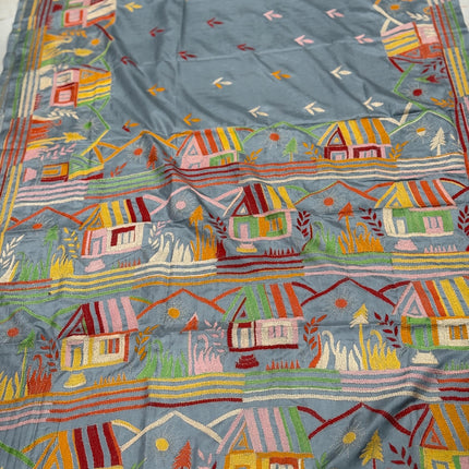 Hand Stitched Kantha Silk Saree | Multi Thread Kantha stitching | Village Art Work allover |