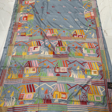 Hand Stitched Kantha Silk Saree | Multi Thread Kantha stitching | Village Art Work allover |
