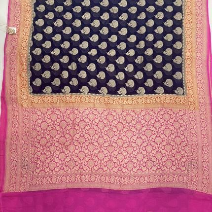 Banarasi Khaddi Georgette Saree: 3D Zari Butta, Deep Blue & Pink