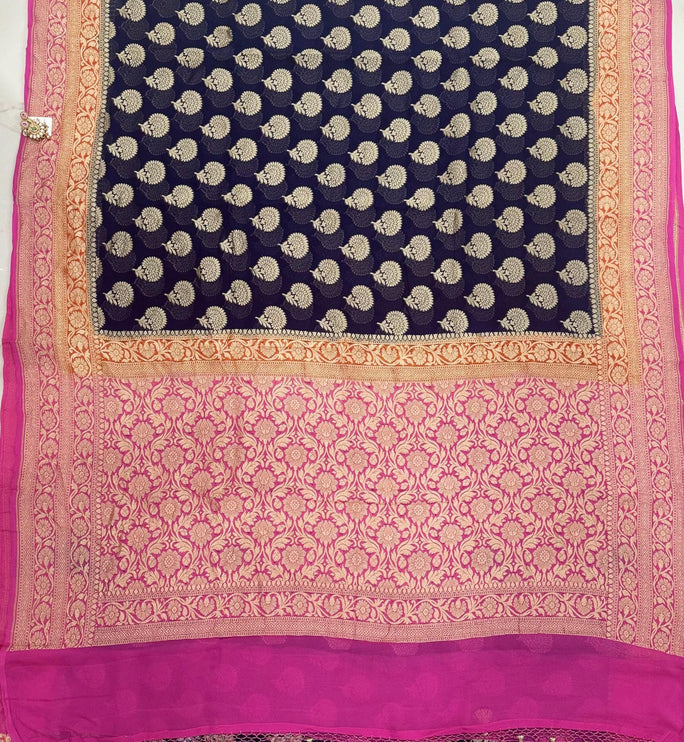 Banarasi Khaddi Georgette Saree: 3D Zari Butta, Deep Blue & Pink