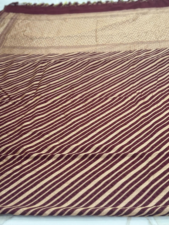 Banarasi Khaddi Georgette Saree: Chocolate Lehriya with Gold Zari Stripes