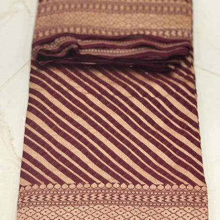Banarasi Khaddi Georgette Saree: Chocolate Lehriya with Gold Zari Stripes